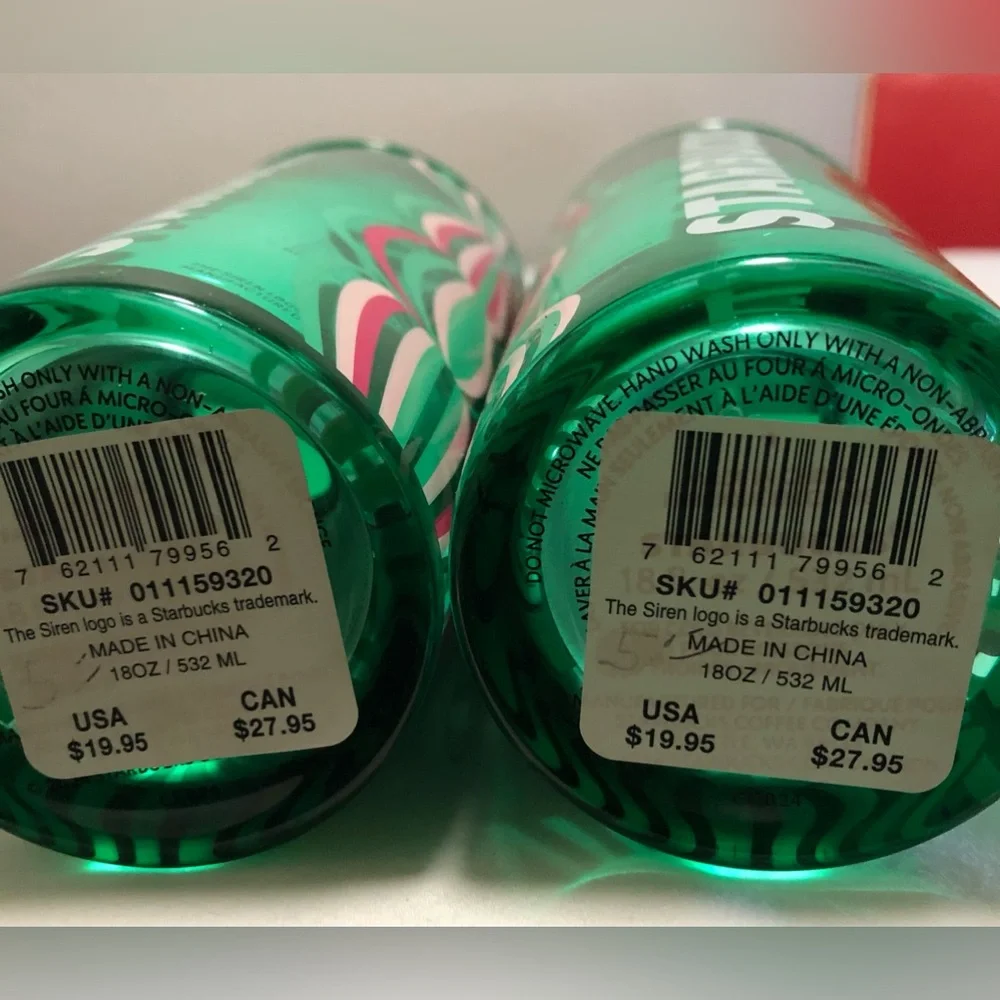 Starbucks (2) NEW Green and Pink Patterned Stripe‎ Ornaments Tumblers.Size 18oz.